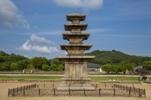 An 8.3m high five-story stone pagoda in Jungnimsa temple site in Buyeo