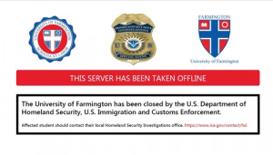 연방 이민당국이 만든 가짜대학 파밍턴 유니버시티 웹사이트가 국토안보부에 의해 폐쇄됐음을 알리고 있다.
