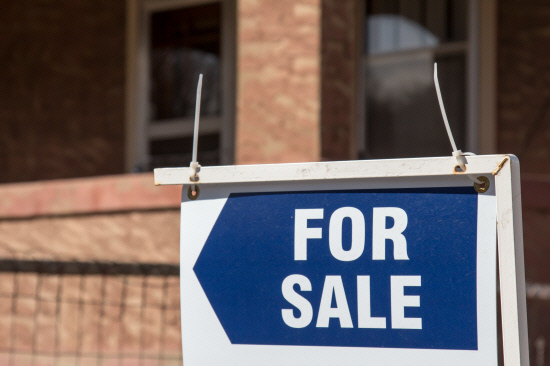 Blue for sale sign in front of a single family home