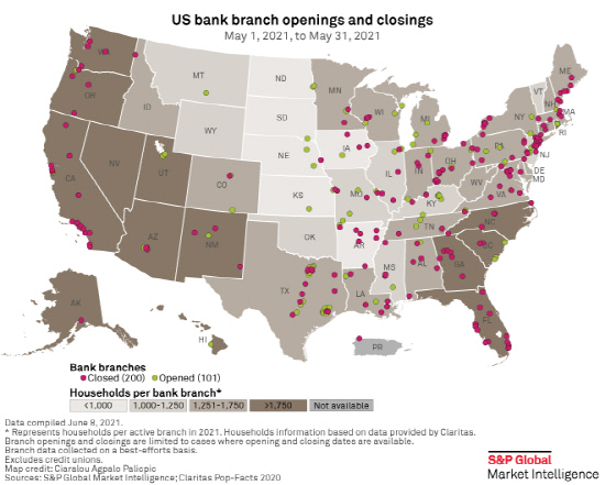 2021년 5월 미 은행 지점 오픈 및 폐점