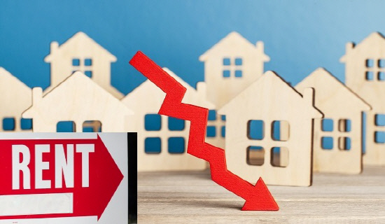 Real Estate Market Falls. Red arrow down