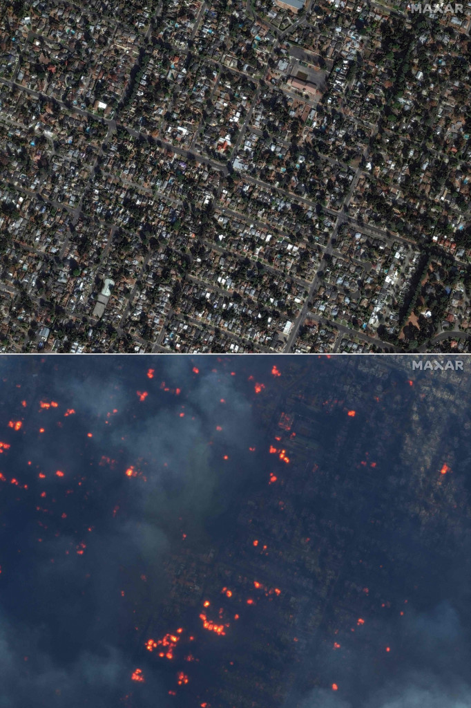 미 민간위성촬영 기업인 맥사(Maxar)가 촬영한 화재가 발생하기 전 지난 6일(현지시간) 캘리포니아주 알타디나 페어 옥스 애비뉴 인근의 가옥 모습(위)과 8일 화마가 휩쓸고 간 지역 모습. [AFP]