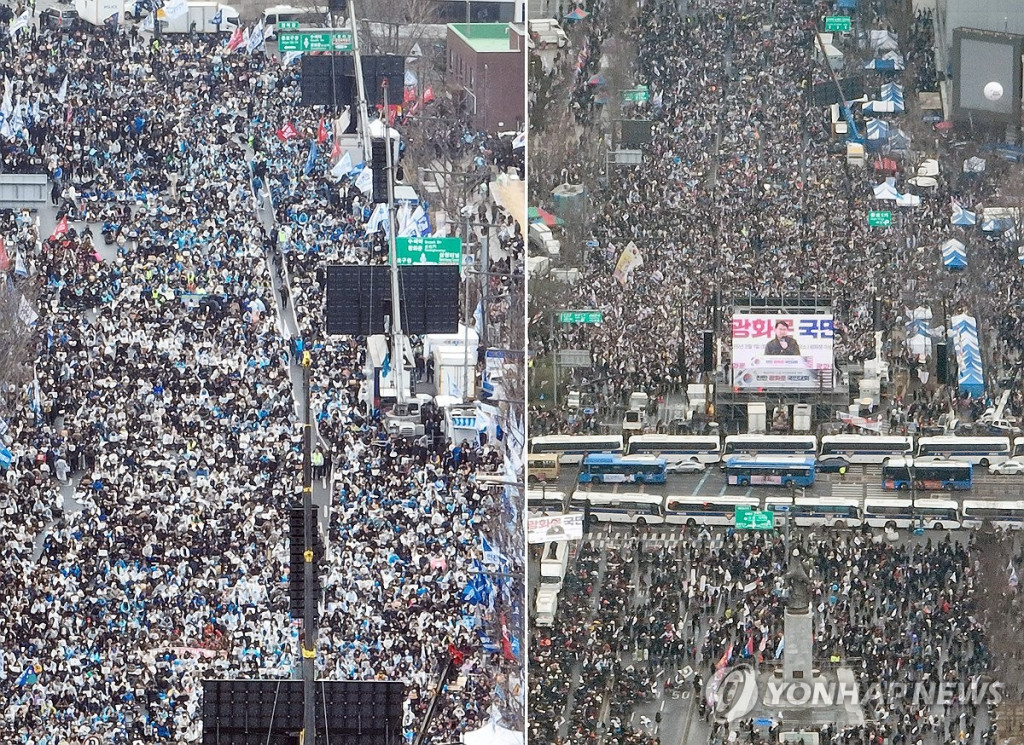 삼일절인 1일 서울 곳곳에서 윤석열 대통령 탄핵 찬반 집회가 열리고 있다. 안국동 사거리에서 더불어민주당을 비롯한 야 5당이 탄핵 촉구 집회를(왼쪽), 세종대로에서 대한민국바로세우기국민운동본부 탄핵 반대 집회를 하고 있다. (연합)