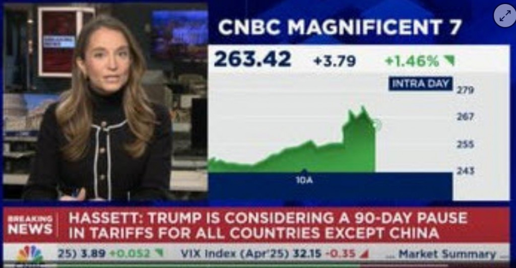 CNBC의 90일 관세 유예설 자막[인터넷 캡처]