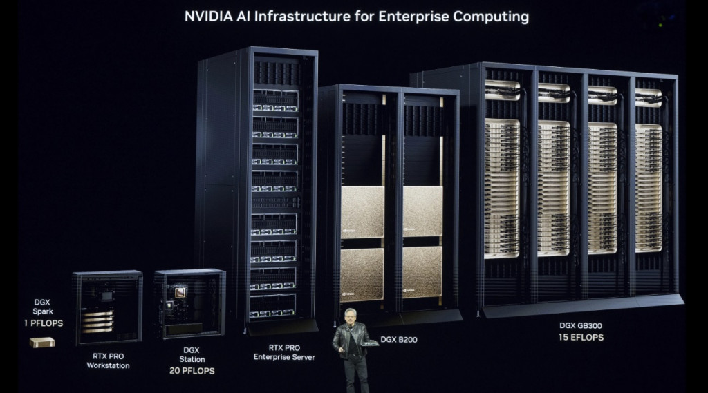 엔비디아의 젠슨 황 CEO가 지난 3월 15일 캘리포니아 샌호제이에서 열린 GTC에서 기업 컴퓨터 시스템에 장착되는 AI 인프라에 관해 설명하고 있다.[AP=연합 자료]