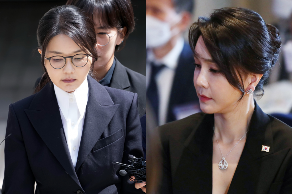 윤석열 전 대통령의 부인 김건희 씨가 11일 구속 전 피의자 심문을 마친 뒤 법원을 나서고 있다(왼쪽). 김 씨 구속에는 지난 2022년 5월 나토 순방 당시 착용한 목걸이(오른쪽) 의혹과 관련, 모조품 목걸이를 구매해 수사를 방해한 혐의가 결정적으로 작용한 것으로 보인다. [뉴시스]