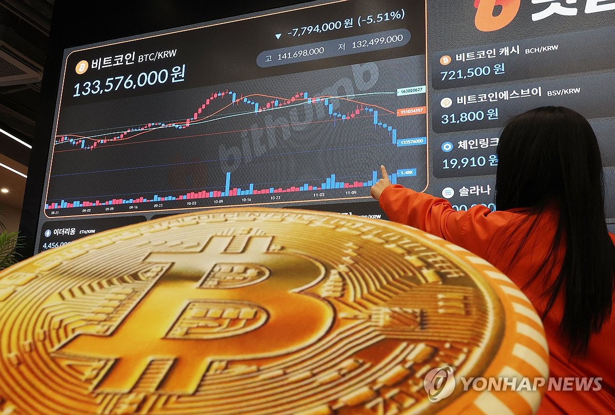 18일 서울 강남구 빗썸 라운지 전광판에 비트코인 시세가 표시돼 있다.(연합)