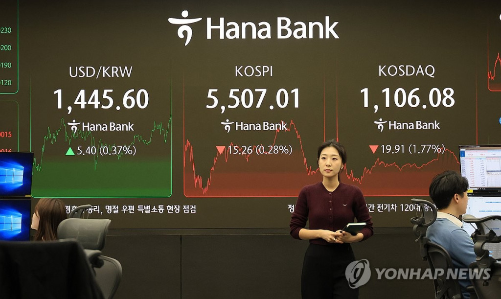 13일 서울 중구 하나은행 본점에서 직원들이 업무를 보고 있다. 이날 코스피는 전장보다 8.56포인트(0.16%) 내린 5,513.71로 출발해 한때 5,583.74까지 올라 전날 기록한 역대 최고치를 재차 경신후 15.26포인트(0.28%) 내린 5,507.01에 장을 마쳤다. (연합)