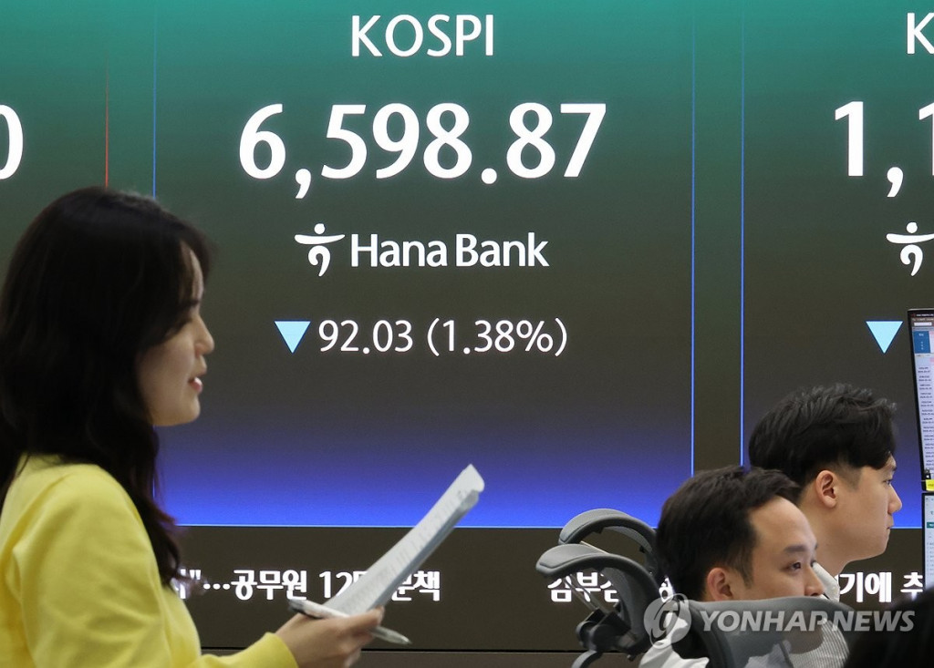 30일 서울 중구 하나은행 본점 딜링룸에 지수가 표시되고 있다. 이날 코스피는 92.03p(1.38%) 내린 6,598.87로 장을 마쳤다.[연합]