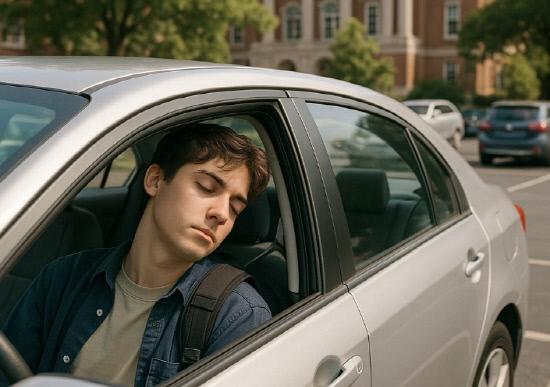 차에서 잠자는 학생