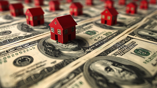 A red house atop a stack of dollar bills